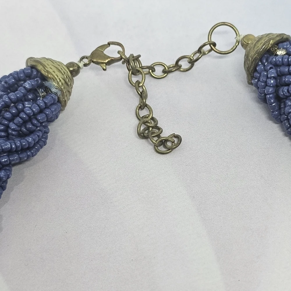 👍5 For $20 Thick Braided Multi-Strand Blue Seed Bead Necklace w/Rhinestones